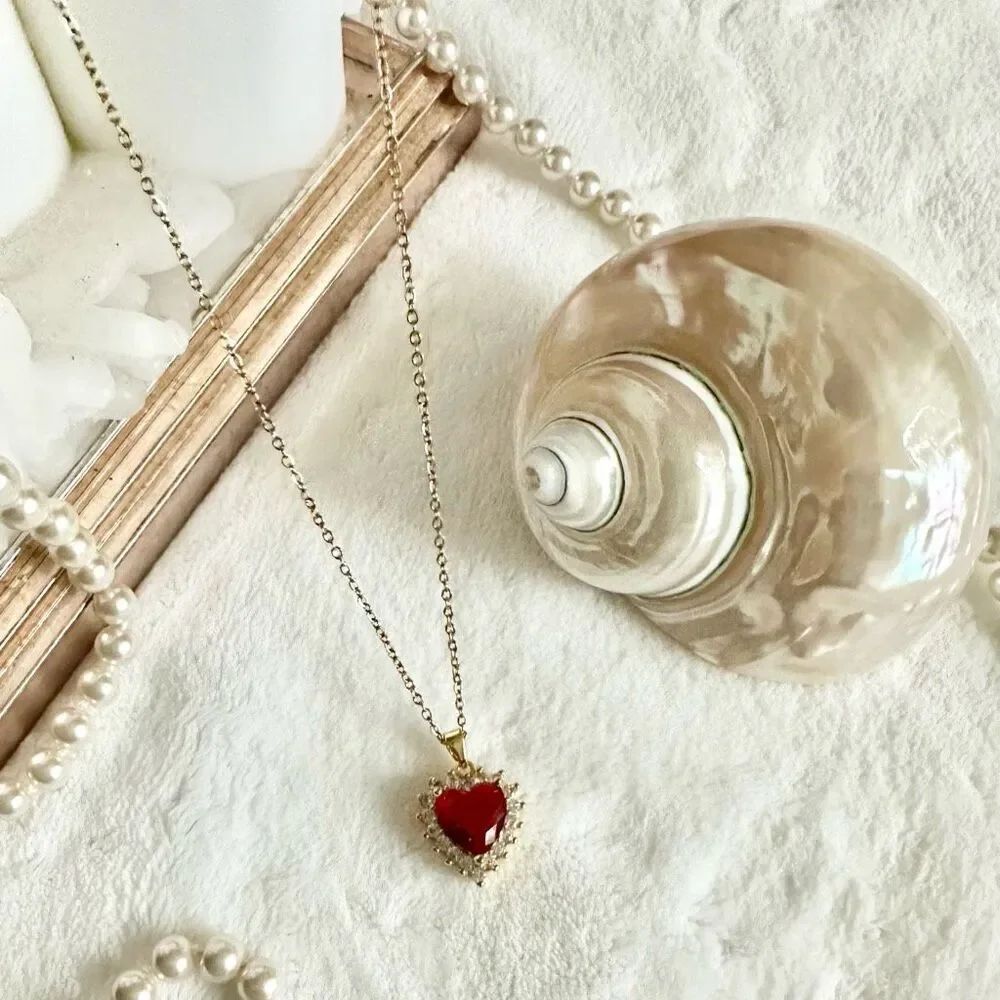 Ruby Red Heart Cubic Zirconia Halo Pendant Necklace Gold Tone
